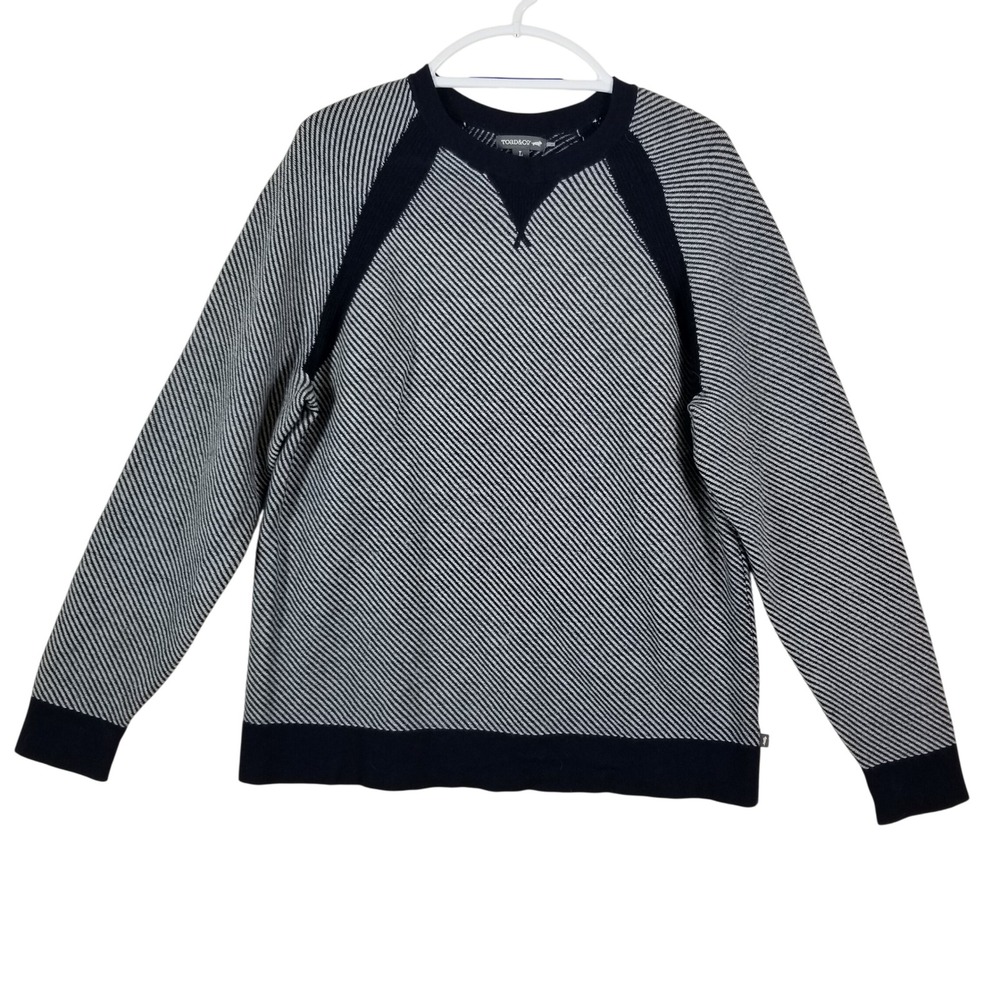 Toad&Co Mens Lambswool Blend Diagonal Stripe Raglan Sweater Navy Grey Large